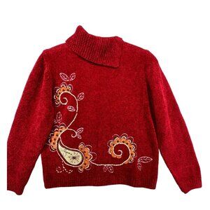 Alfred Dunner Women Sweater Sz PL Petite Red Paisley Embroidered Plush Cowl Neck